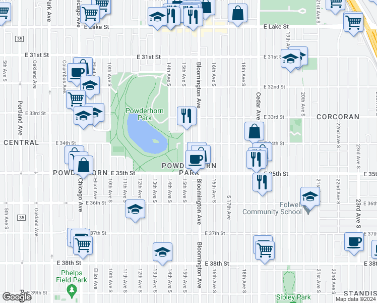 map of restaurants, bars, coffee shops, grocery stores, and more near 3411 15th Avenue South in Minneapolis