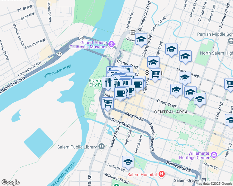 map of restaurants, bars, coffee shops, grocery stores, and more near 141 Commercial Street Northeast in Salem