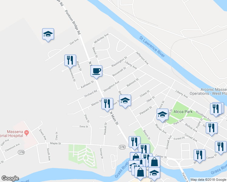 map of restaurants, bars, coffee shops, grocery stores, and more near 93 Beach Street in Massena