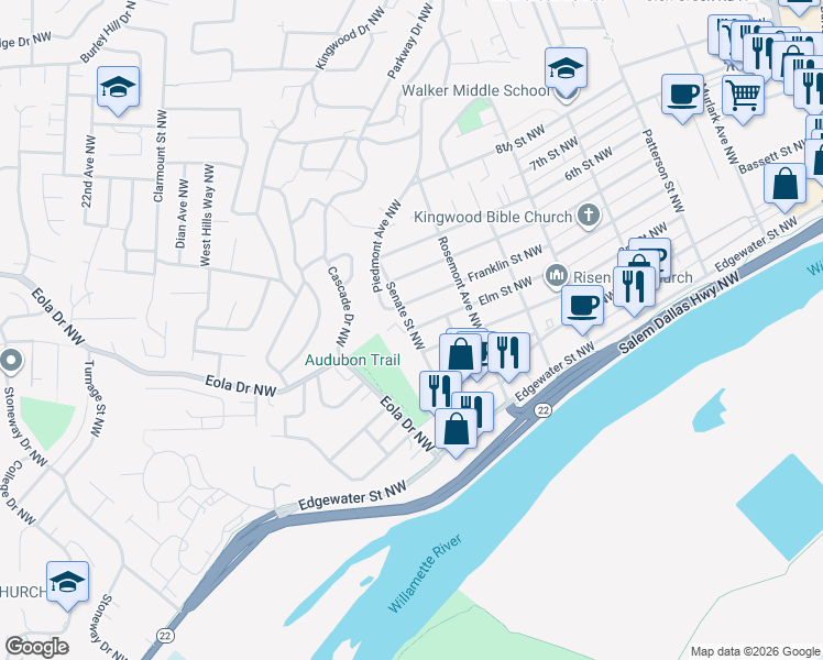 map of restaurants, bars, coffee shops, grocery stores, and more near 1815 Elm Street Northwest in Salem