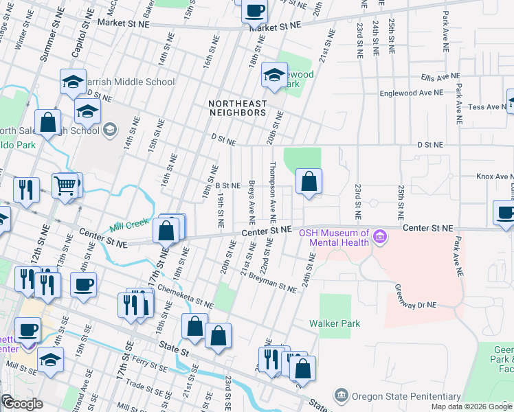 map of restaurants, bars, coffee shops, grocery stores, and more near 695 Thompson Avenue Northeast in Salem