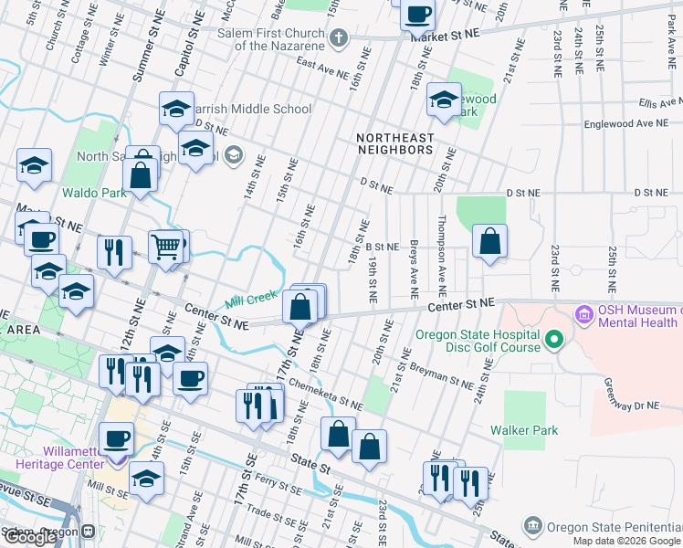 map of restaurants, bars, coffee shops, grocery stores, and more near 650 17th Street Northeast in Salem