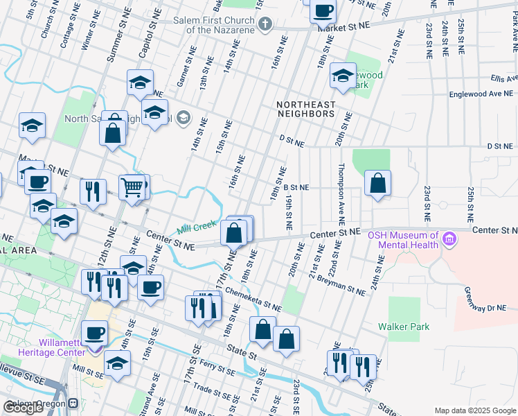 map of restaurants, bars, coffee shops, grocery stores, and more near 650 17th Street Northeast in Salem