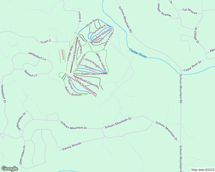 map of restaurants, bars, coffee shops, grocery stores, and more near 6519 Schuss Mountain Lane in Mancelona