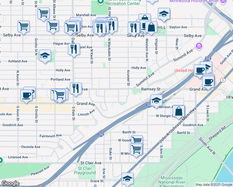 map of restaurants, bars, coffee shops, grocery stores, and more near 475 Summit Avenue in Saint Paul