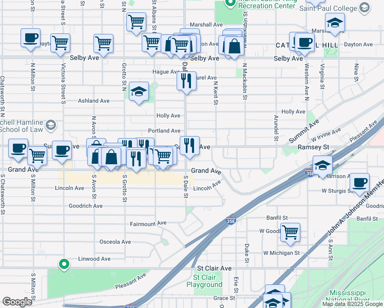 map of restaurants, bars, coffee shops, grocery stores, and more near 615 Summit Avenue in Saint Paul