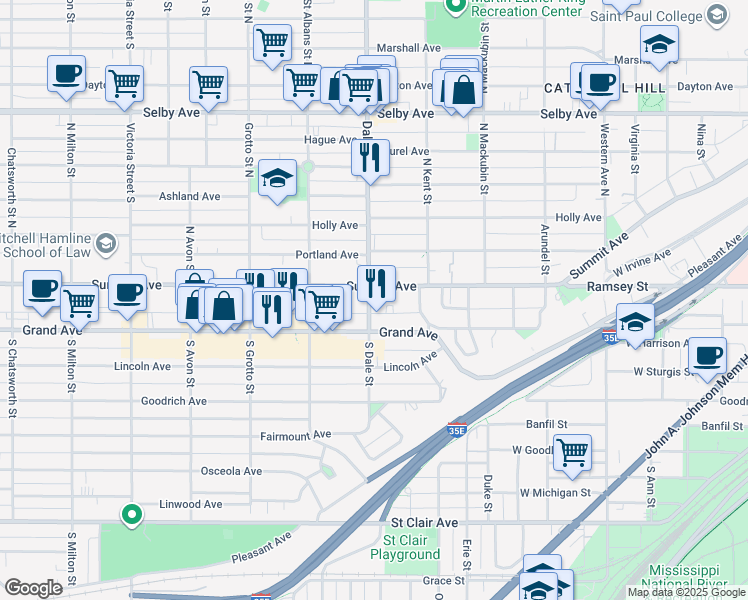 map of restaurants, bars, coffee shops, grocery stores, and more near 615 Summit Avenue in Saint Paul