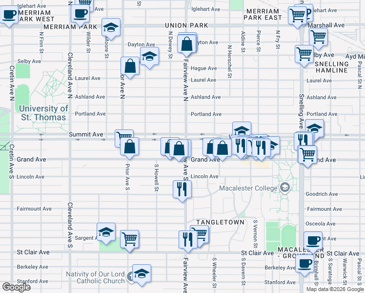 map of restaurants, bars, coffee shops, grocery stores, and more near 1825 Summit Avenue in Saint Paul