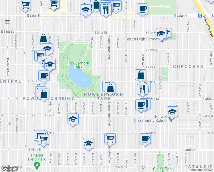 map of restaurants, bars, coffee shops, grocery stores, and more near 3341 South 15th Avenue in Minneapolis