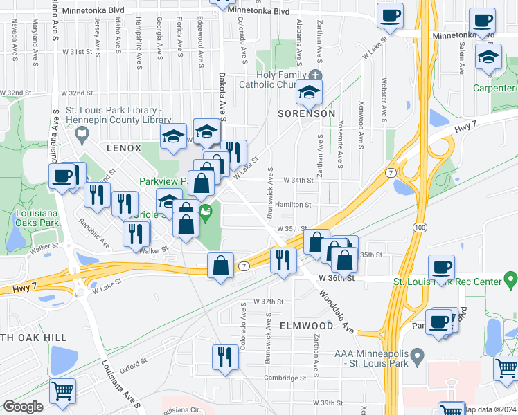 map of restaurants, bars, coffee shops, grocery stores, and more near 6218 Hamilton Street in Minneapolis
