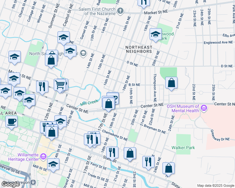 map of restaurants, bars, coffee shops, grocery stores, and more near 650 17th Street Northeast in Salem