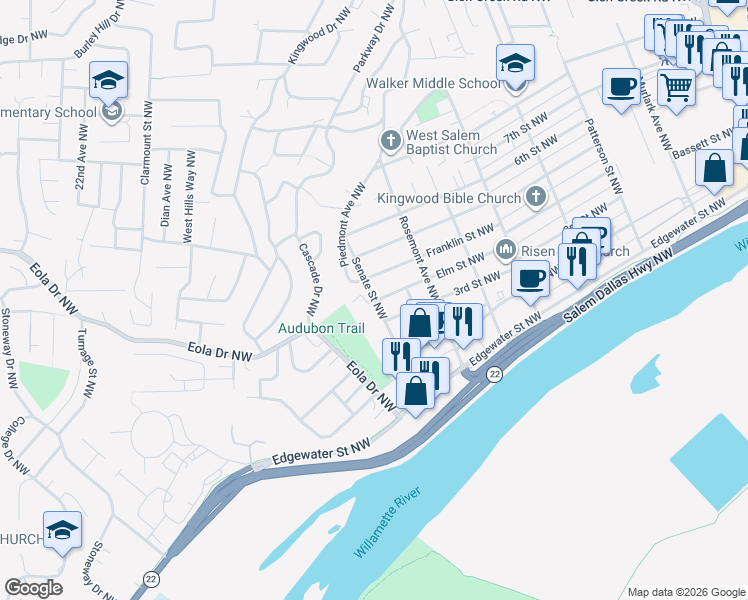 map of restaurants, bars, coffee shops, grocery stores, and more near 407 Senate Street Northwest in Salem