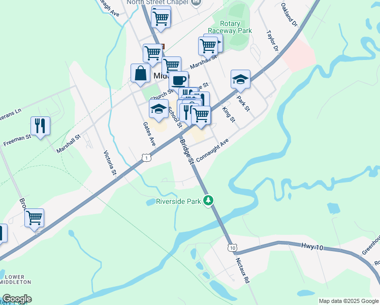 map of restaurants, bars, coffee shops, grocery stores, and more near 15 Bridge Street in Middleton
