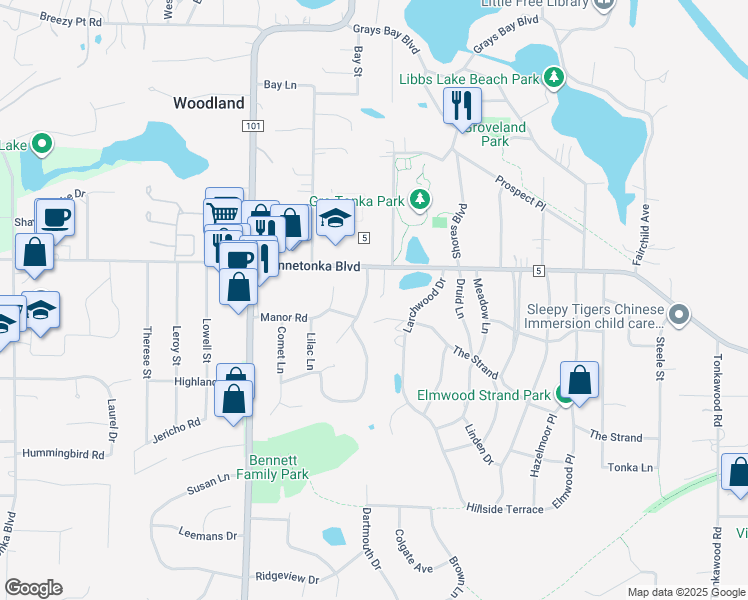 map of restaurants, bars, coffee shops, grocery stores, and more near 3407 Groveland Lane in Minnetonka