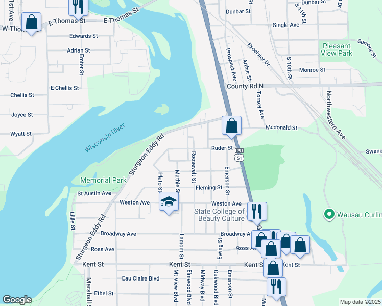 map of restaurants, bars, coffee shops, grocery stores, and more near 1606 Roosevelt Street in Wausau