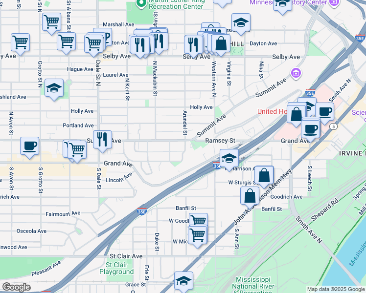 map of restaurants, bars, coffee shops, grocery stores, and more near 435 Summit Avenue in Saint Paul