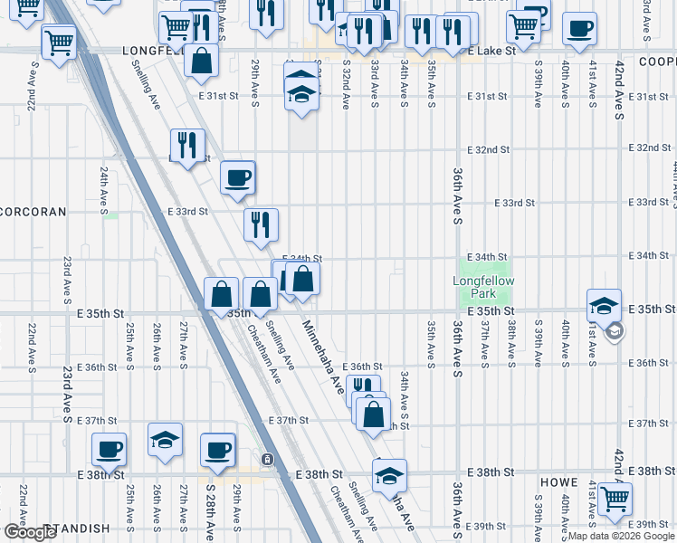 map of restaurants, bars, coffee shops, grocery stores, and more near 3353 South 31st Avenue in Minneapolis