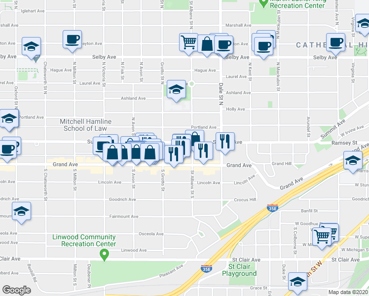 map of restaurants, bars, coffee shops, grocery stores, and more near 692 Summit Avenue in Saint Paul