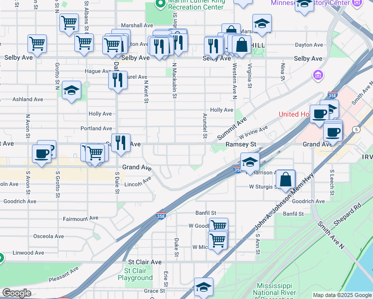 map of restaurants, bars, coffee shops, grocery stores, and more near 476 Summit Avenue in Saint Paul