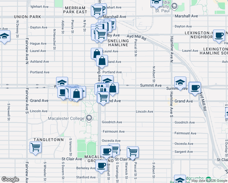 map of restaurants, bars, coffee shops, grocery stores, and more near 1520 Summit Avenue in Saint Paul