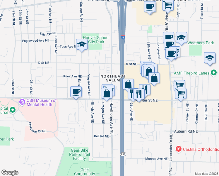 map of restaurants, bars, coffee shops, grocery stores, and more near 813 Hawthorne Avenue Northeast in Salem