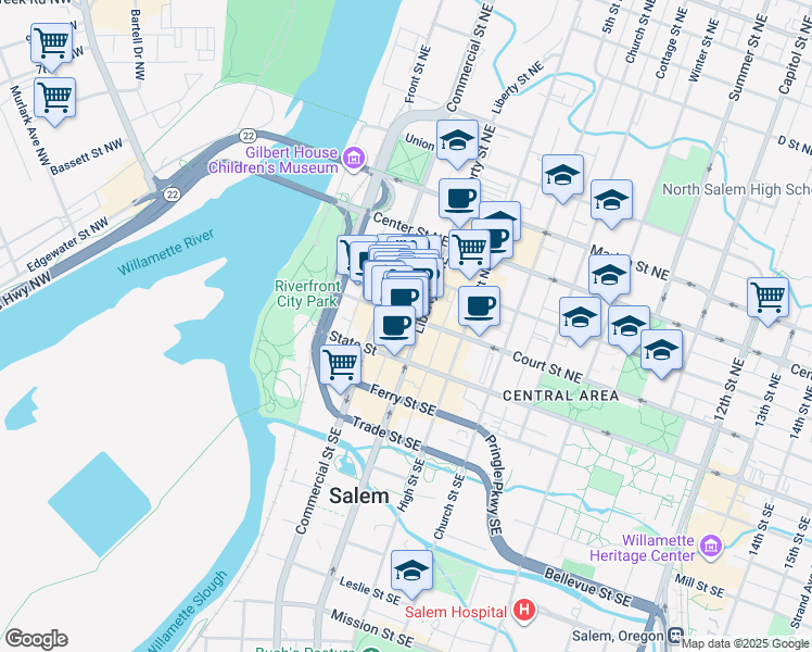 map of restaurants, bars, coffee shops, grocery stores, and more near 343 Court Street Northeast in Salem