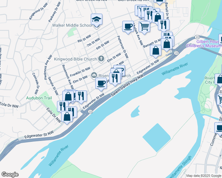 map of restaurants, bars, coffee shops, grocery stores, and more near 1115 Edgewater Street Northwest in Salem