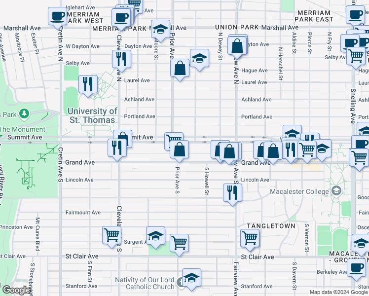 map of restaurants, bars, coffee shops, grocery stores, and more near 1914 Summit Avenue in Saint Paul