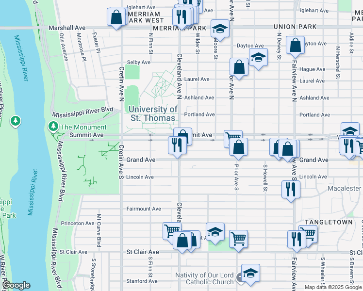 map of restaurants, bars, coffee shops, grocery stores, and more near in Saint Paul