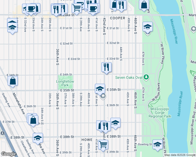 map of restaurants, bars, coffee shops, grocery stores, and more near 3358 41st Avenue South in Minneapolis
