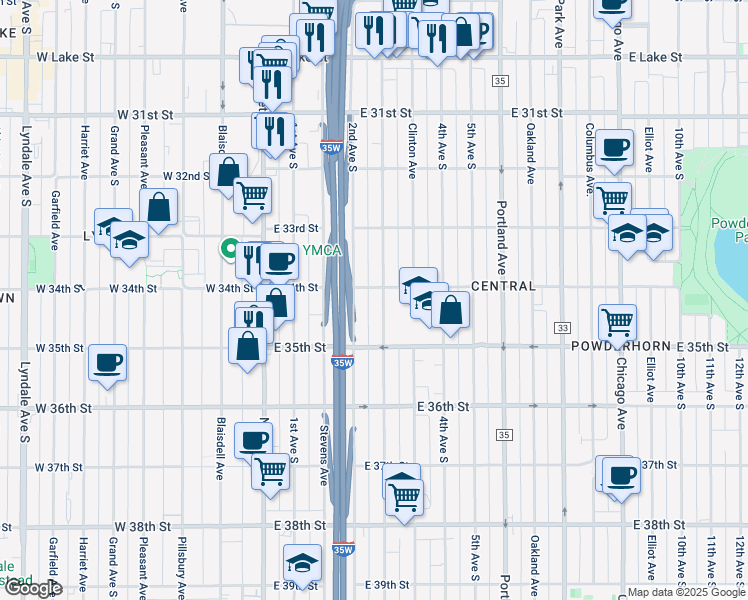 map of restaurants, bars, coffee shops, grocery stores, and more near 3346 3rd Avenue South in Minneapolis