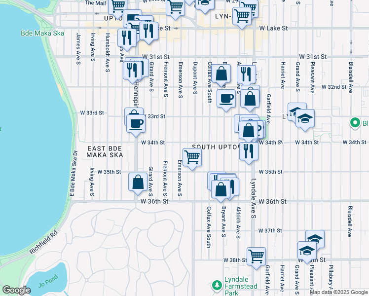 map of restaurants, bars, coffee shops, grocery stores, and more near 3345 Emerson Avenue South in Minneapolis
