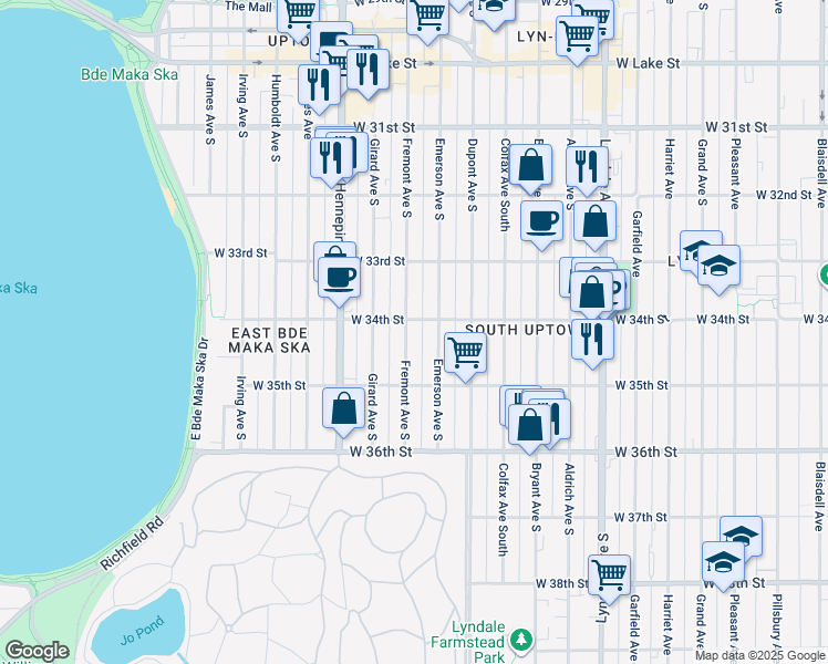 map of restaurants, bars, coffee shops, grocery stores, and more near 3349 Fremont Avenue South in Minneapolis