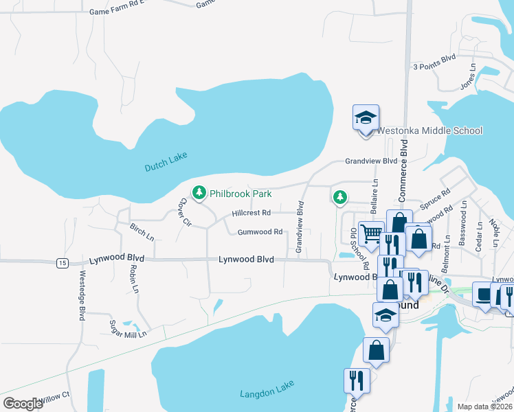 map of restaurants, bars, coffee shops, grocery stores, and more near 5958 Hillcrest Road in Mound