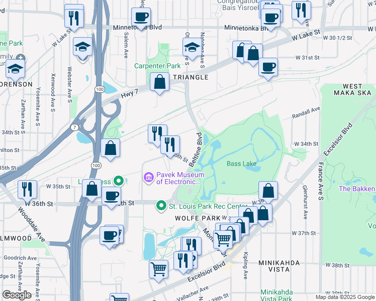 map of restaurants, bars, coffee shops, grocery stores, and more near 3440 Beltline Boulevard in St. Louis Park