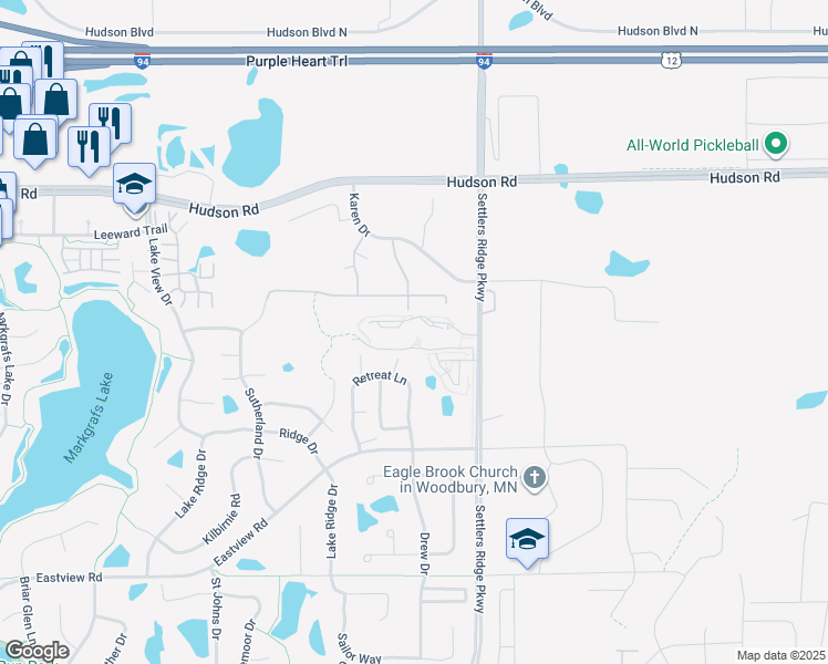 map of restaurants, bars, coffee shops, grocery stores, and more near 568 Cottage Grove Dr in Woodbury