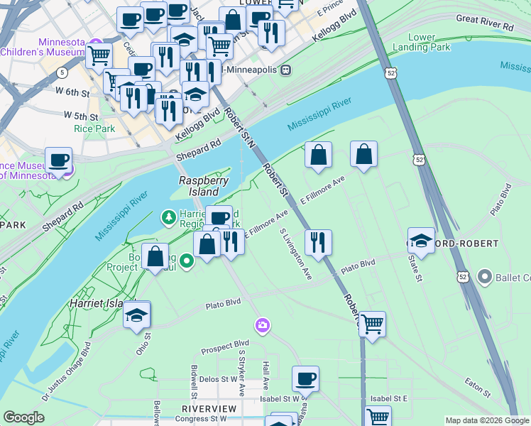 map of restaurants, bars, coffee shops, grocery stores, and more near 60 Livingston Avenue in Saint Paul
