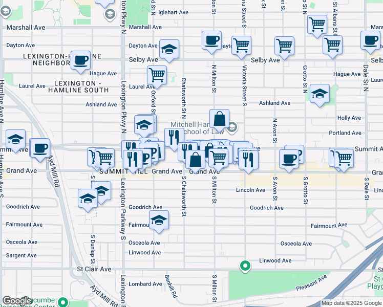 map of restaurants, bars, coffee shops, grocery stores, and more near 972 Summit Avenue in Saint Paul