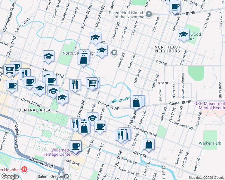 map of restaurants, bars, coffee shops, grocery stores, and more near 575 15th Street Northeast in Salem