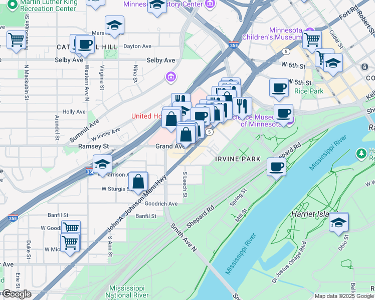 map of restaurants, bars, coffee shops, grocery stores, and more near 314 Smith Avenue North in Saint Paul