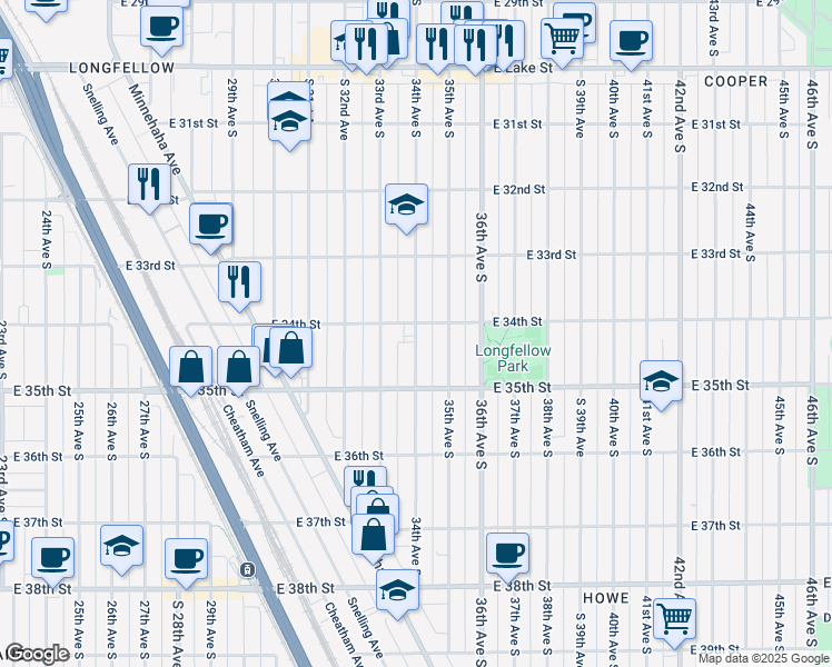 map of restaurants, bars, coffee shops, grocery stores, and more near 3352 East 34th Street in Minneapolis