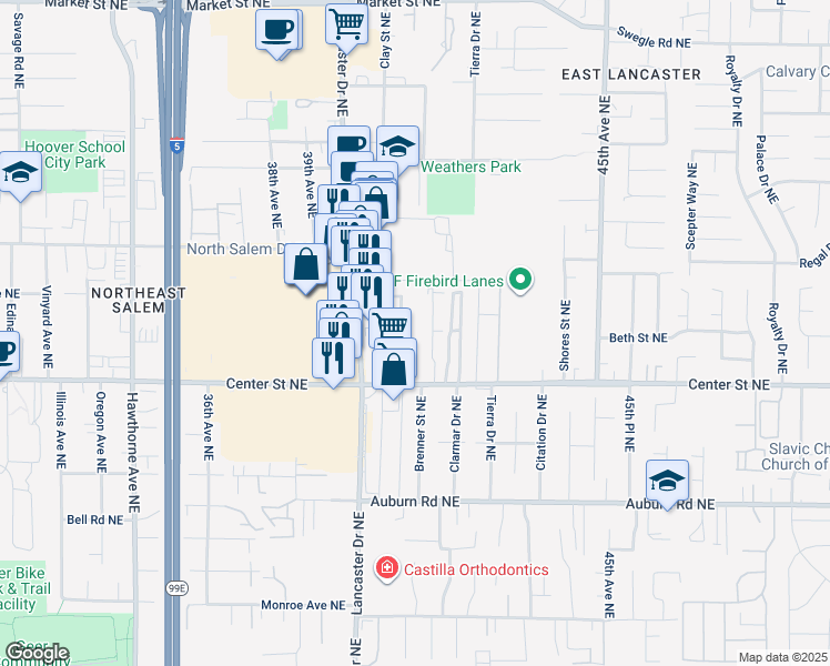 map of restaurants, bars, coffee shops, grocery stores, and more near 840 Concord Street Northeast in Salem