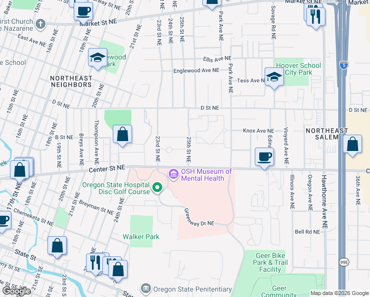 map of restaurants, bars, coffee shops, grocery stores, and more near 2416-2598 B Street Northeast in Salem