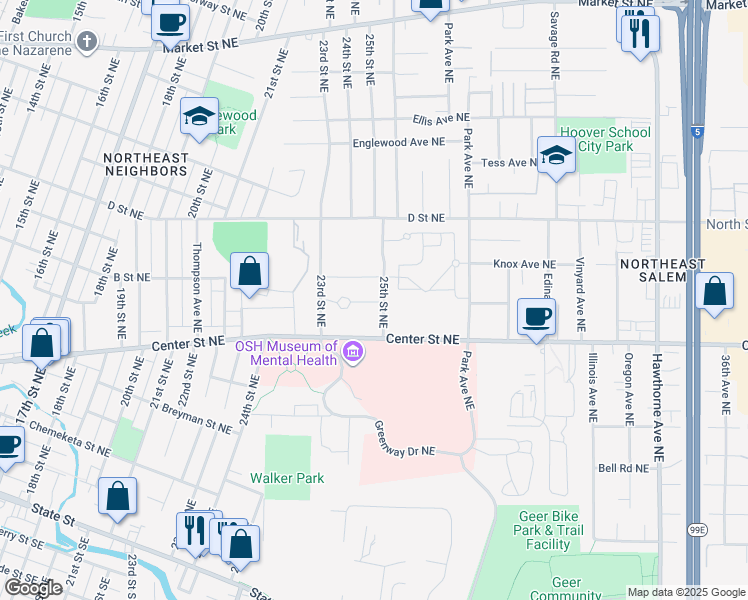 map of restaurants, bars, coffee shops, grocery stores, and more near 2416-2598 B Street Northeast in Salem