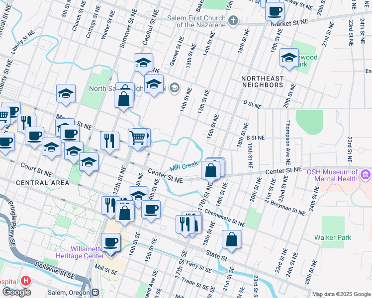 map of restaurants, bars, coffee shops, grocery stores, and more near 575 15th Street Northeast in Salem