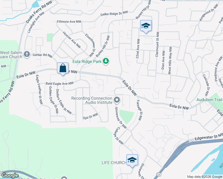 map of restaurants, bars, coffee shops, grocery stores, and more near 2460 Eola Drive Northwest in Salem