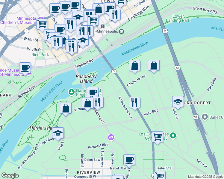 map of restaurants, bars, coffee shops, grocery stores, and more near 60 Livingston Avenue in Saint Paul