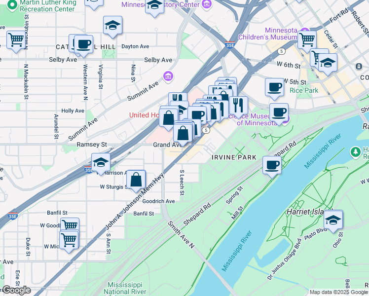 map of restaurants, bars, coffee shops, grocery stores, and more near 314 Smith Avenue North in Saint Paul