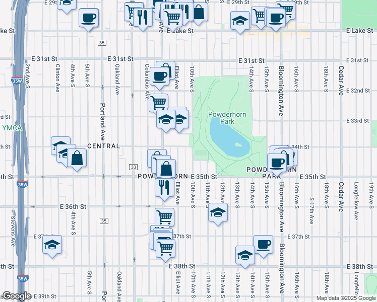 map of restaurants, bars, coffee shops, grocery stores, and more near 8 East 34th Street in Minneapolis