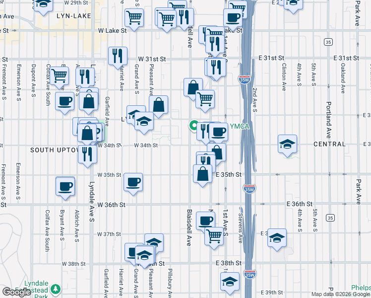 map of restaurants, bars, coffee shops, grocery stores, and more near 116 West 34th Street in Minneapolis